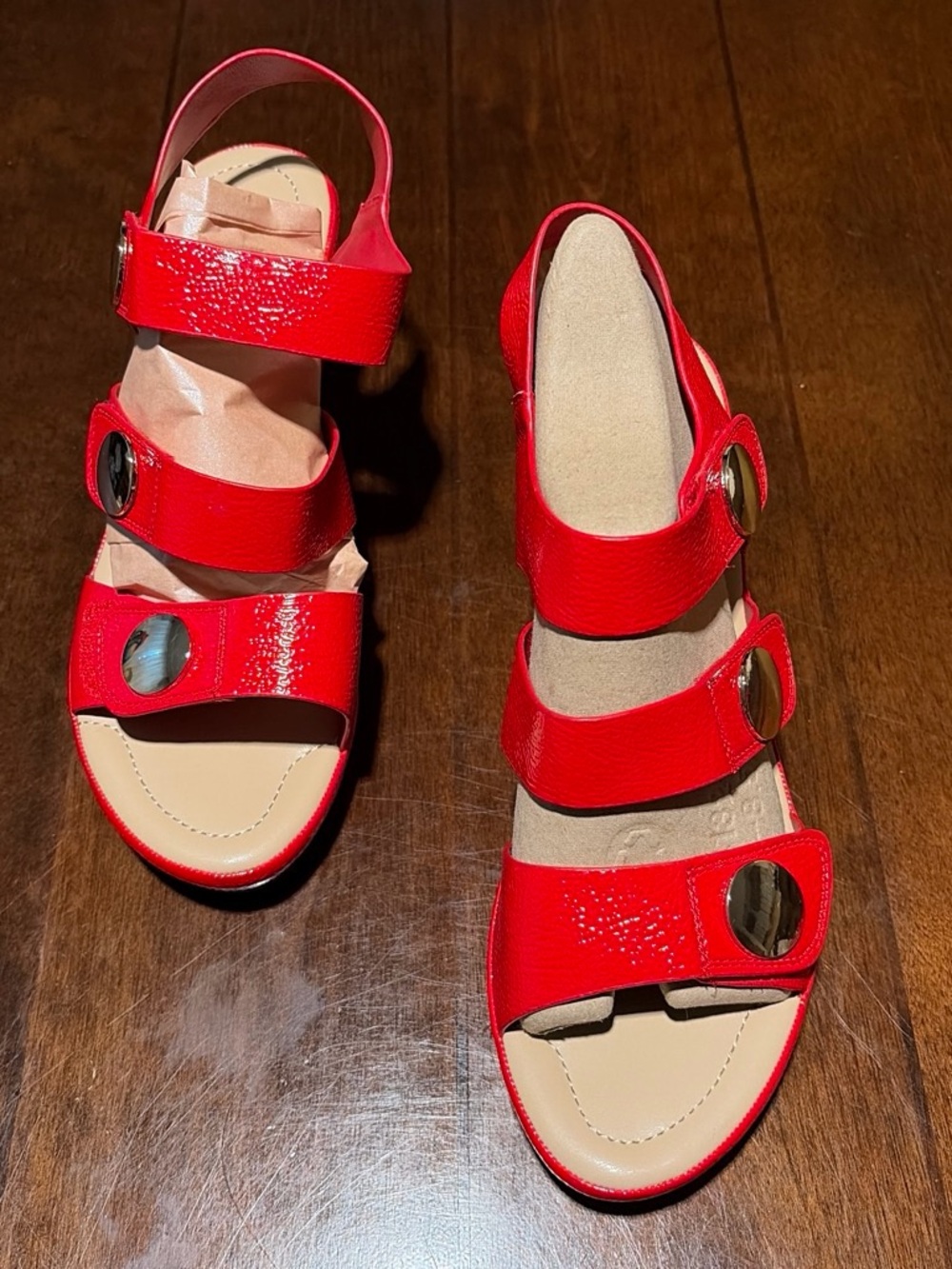 Women’s Bright Red Triple-Strap Slingback Sandals with Decorative Discs